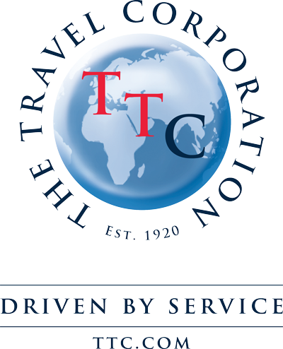 Logo of The Travel Corporation featuring a globe with "TTC" in red and blue letters, surrounded by the text "The Travel Corporation, Est. 1920". Below, the slogan "Driven by Service" and website "TTC.com".