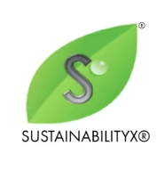 A green leaf with a metallic "S" and a white droplet, above the text "SUSTAINABILITYX®".