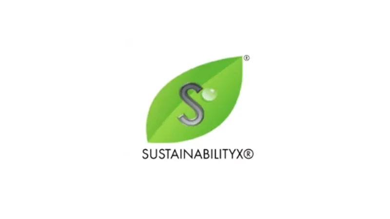 Green leaf with an "S" in the center and a small water droplet, above the word "SUSTAINABILITYX®" on a white background.