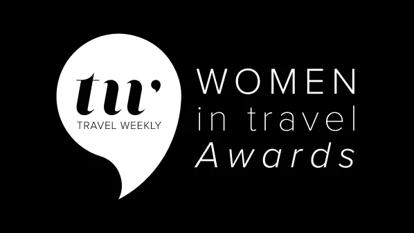 Travel Weekly Women in Travel Awards logo with white text and graphics on a black background.
