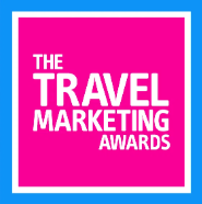 Logo for The Travel Marketing Awards with white text on a pink background, bordered by a white and blue frame.